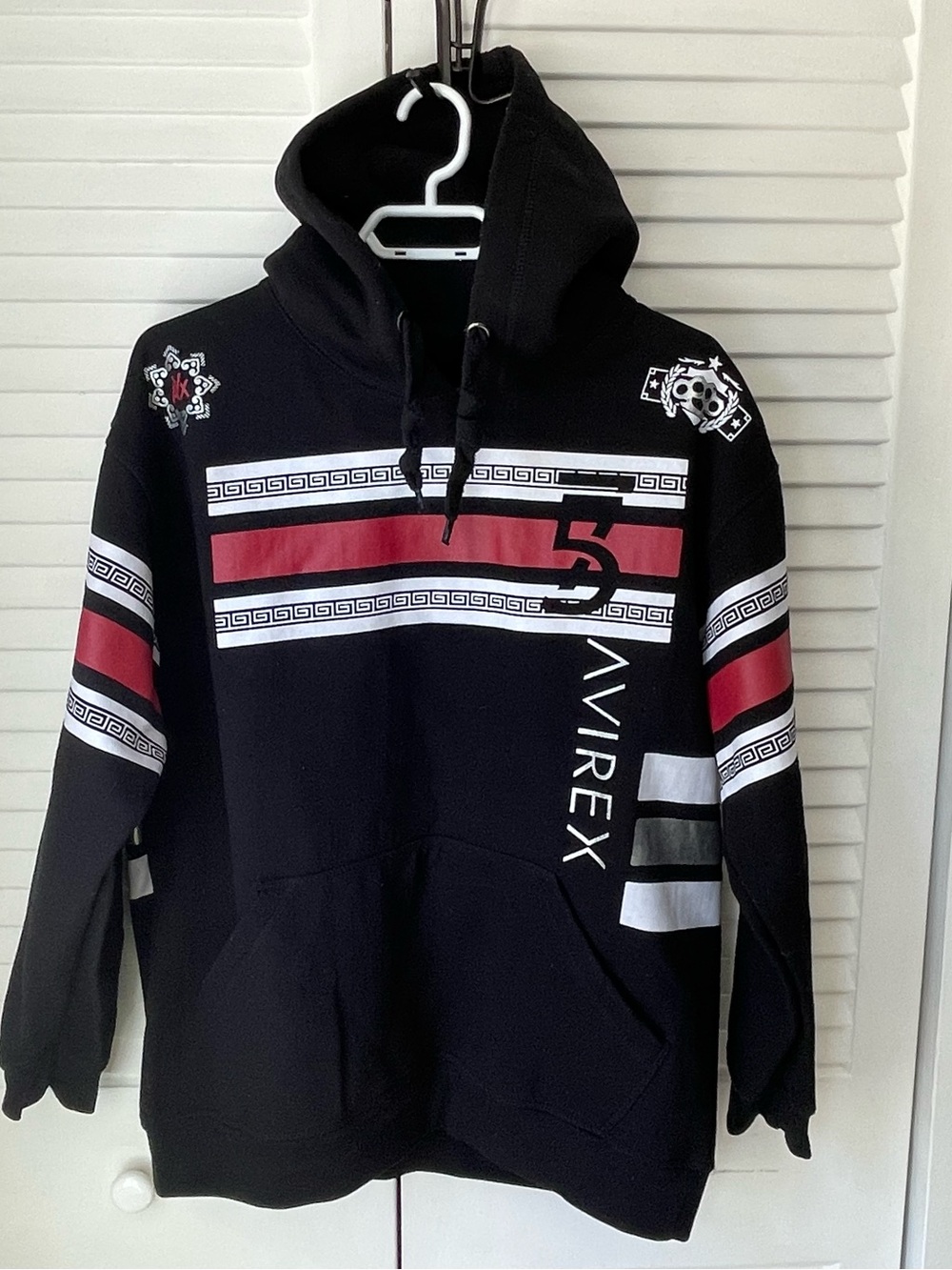 Avirex Black Hoodie with Red & White Stripe Graphics